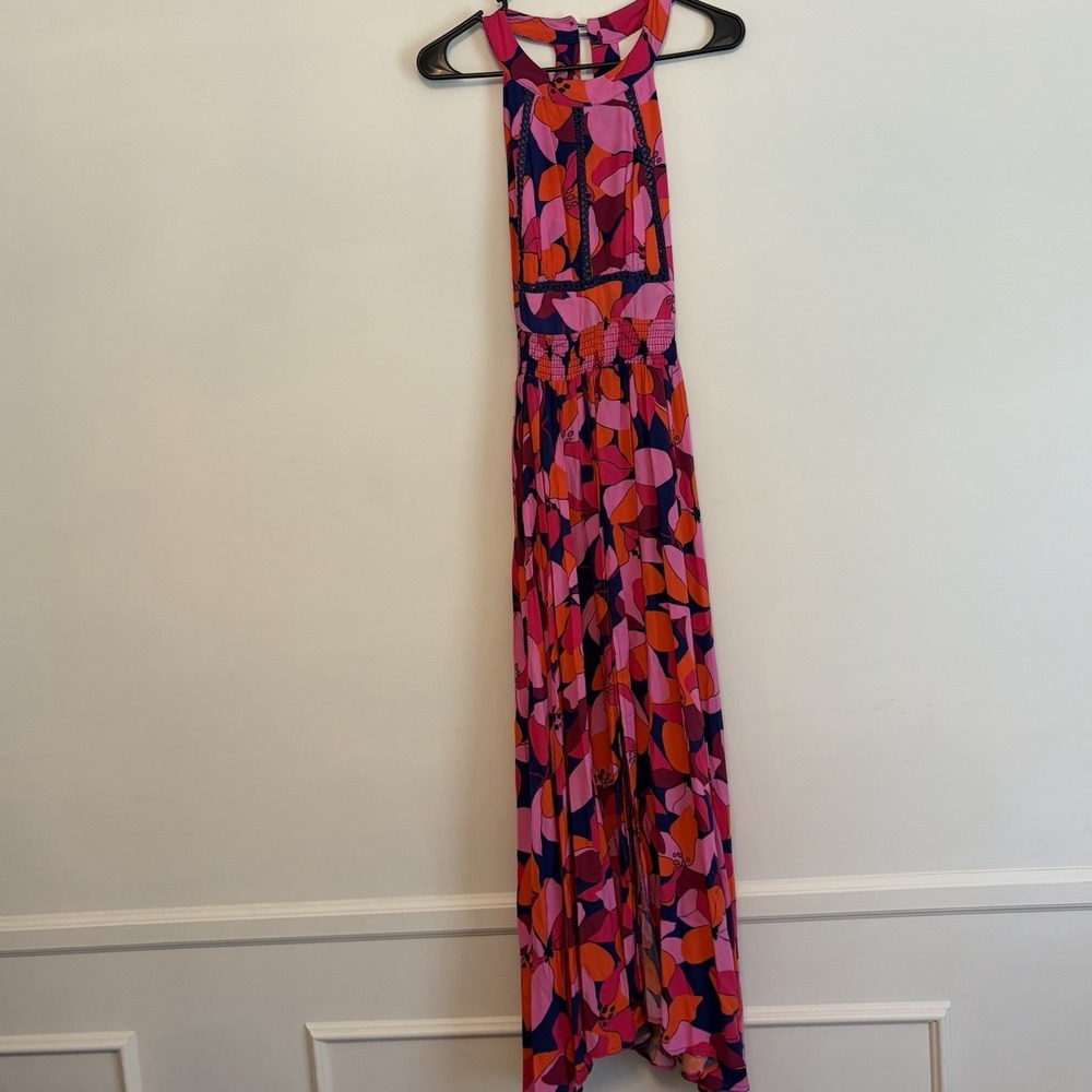Anthropologie Abel The Label Charlotte halter maxi dress orange Blue Pink M